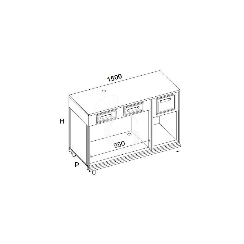 Kaffee Unterschrank, Edelstahl-Arbeitsplatte, 2 Schubladen, Kaffeesatz-Behälter/Abklopfkasten,  B 1500 mm x T 670 mm x H 1140 mm