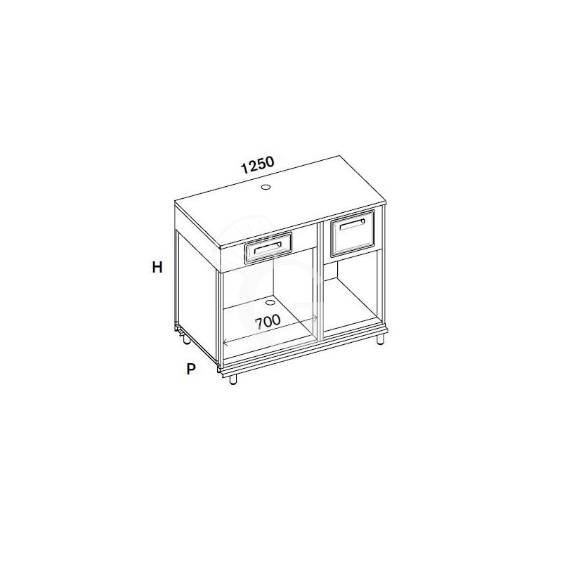 Kaffee Unterschrank, Edelstahl-Arbeitsplatte, Schublade, Kaffeesatz-Behälter/Abklopfkasten,  B 1250 mm x T 670 mm x H 1140 mm