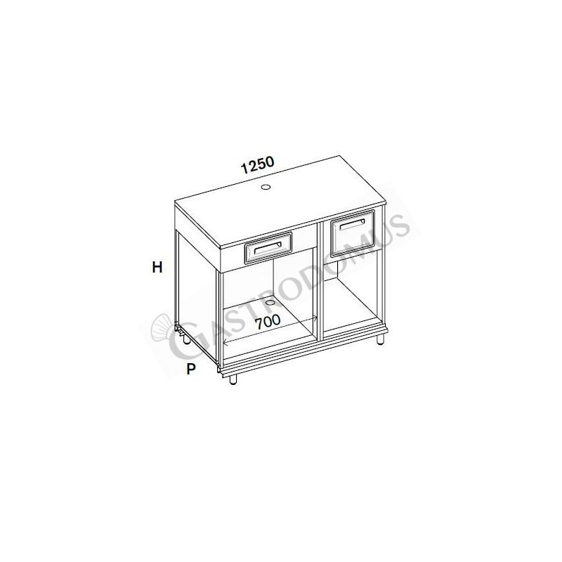 Kaffee Unterschrank, Edelstahl-Arbeitsplatte, Schublade, Kaffeesatz-Behälter/Abklopfkasten,  B 1250 mm x T 550 mm x H 1140 mm