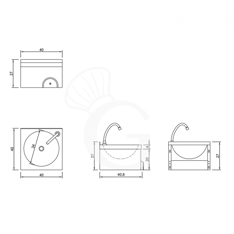 Handwaschbecken, Wandmontage, Kniebedienung, mit Wasserhahn