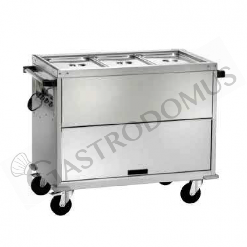 Thermowagen Bain-Marie mit Unterschrank, 3 GN 1/1 Behälter, separate Temperatureinstellungen,  B 1300 mm x T 680 mm x H 920 mm
