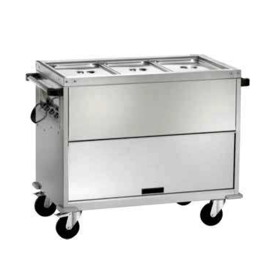 Thermowagen Bain-Marie mit Unterschrank, 3 GN 1/1 Behälter, separate Temperatureinstellungen,  B 1300 mm x T 680 mm x H 920 mm