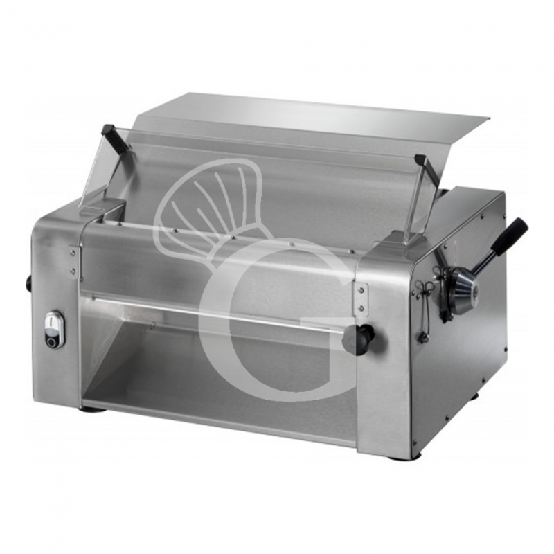 Professionelle Teigausrollmaschine, elektrisch, mit Edelstahlwalzen (420 mm), dreiphasig, B 680 mm x T 480 mm x H 400 mm Professionelle Teigausrollmaschine, elektrisch, mit Edelstahlwalzen (420 mm), dreiphasig, B 680 mm x T 480 mm x H 400 mm