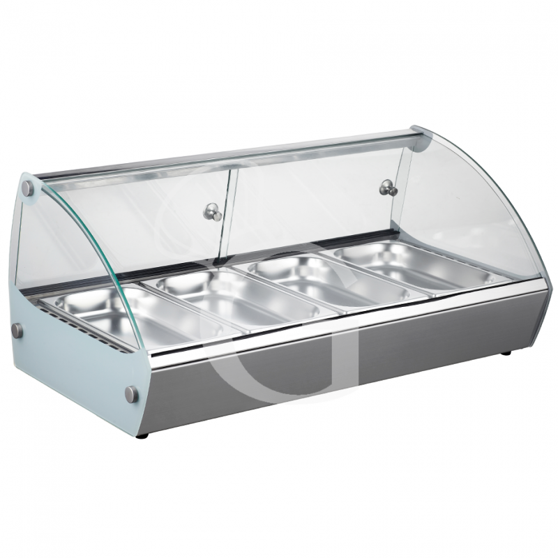Warmhaltevitrine, Edelstahl und Glas, 4 GN1/3 Behälter (H 40 mm), B 773 mm X T 420 mm X H 336 mm