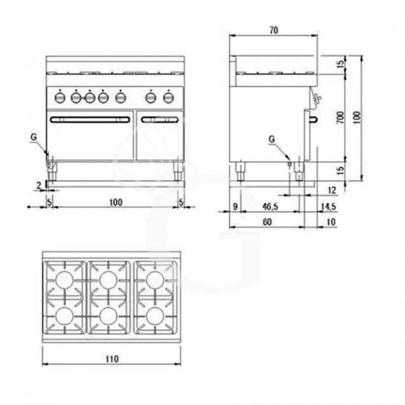Aufbau des professionellen Gasherds mit 6 Brenner, Gasbackofen und Schrank, Tiefe 700 mm