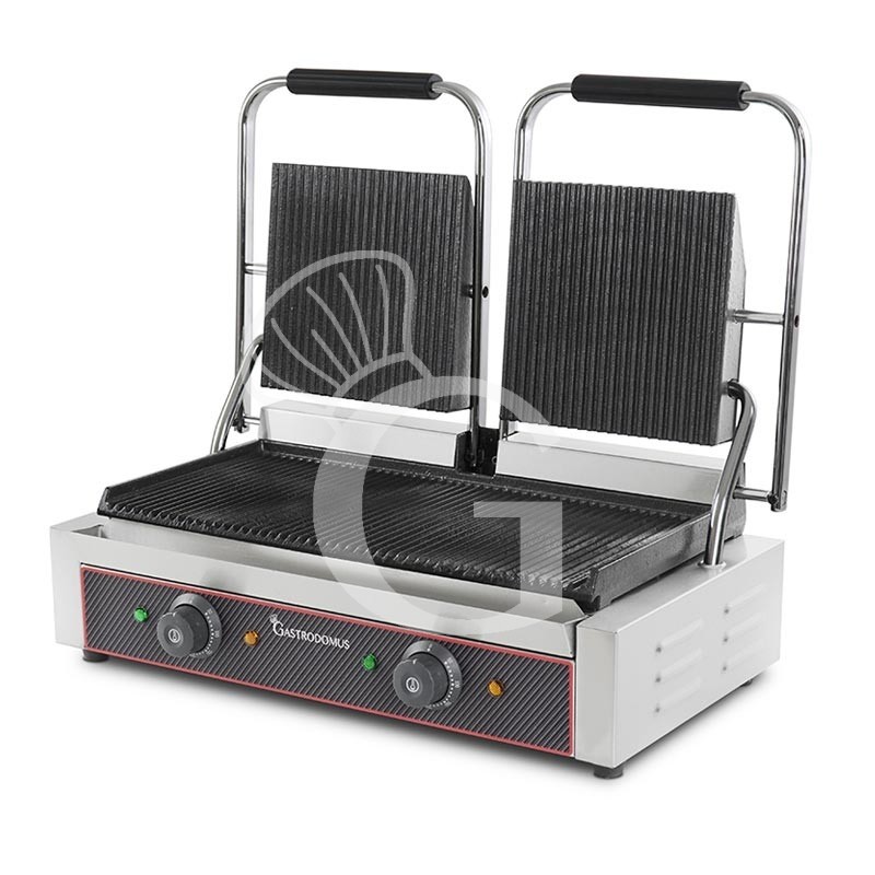 Doppel Kontaktgrill, gerillte Grillplatte aus Gusseisen, B 570 mm x T 380 mm x H 210/520 mm