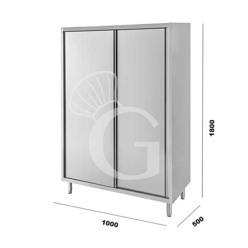 Edelstahl Hochschrank, 2 Schiebetüren, 3 Einlegeböden, B 1000 mm x T 500 mm x H 1800 mm