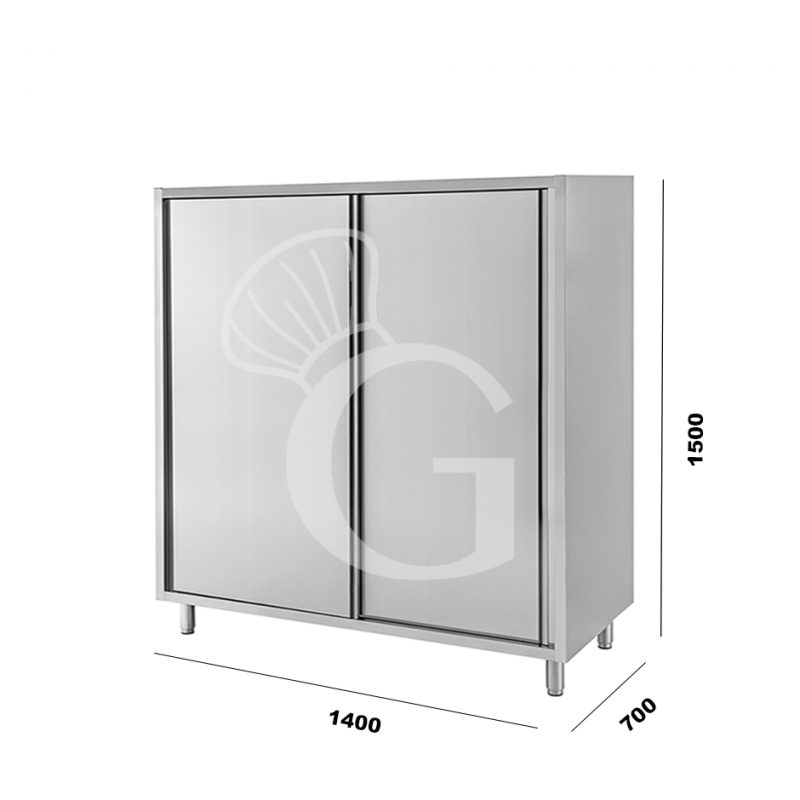 Edelstahl Mehrzweckschrank, 2 Schiebetüren, 2 Einlegeböden, B 1400 mm x T 700 mm x H 1500 mm