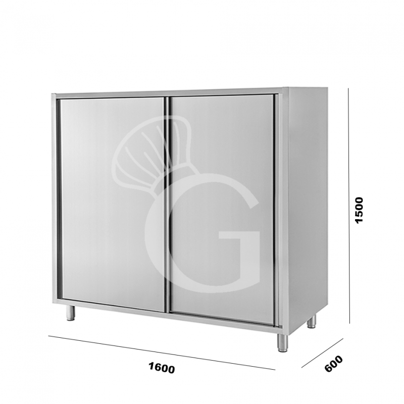 Edelstahl Mehrzweckschrank, 2 Schiebetüren, 2 Einlegeböden, B 1600 mm x T 600 mm x H 1500 mm