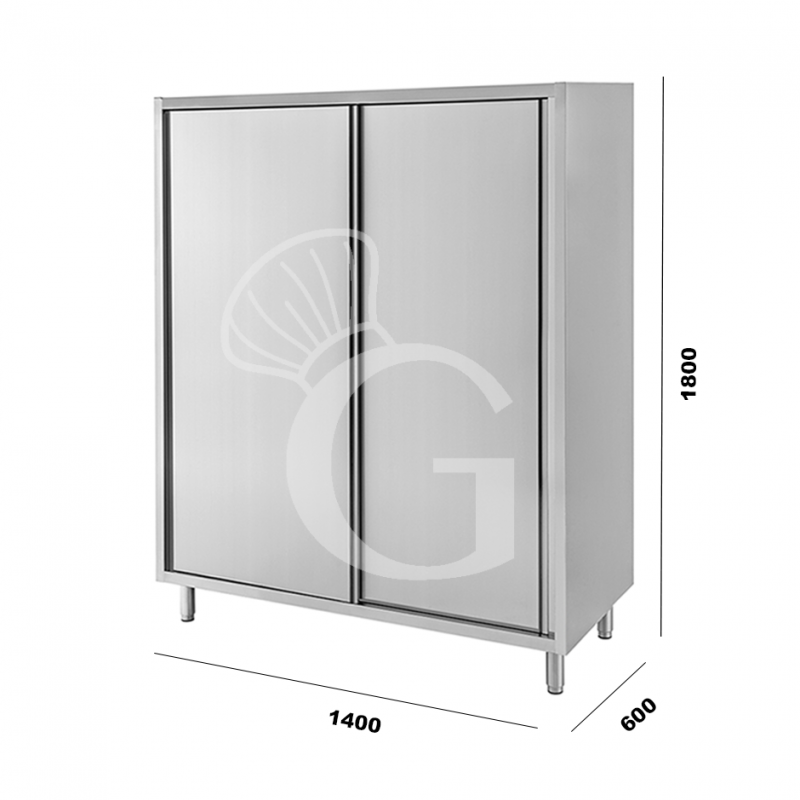 Edelstahl Hochschrank, 2 Schiebetüren, 3 Einlegeböden, B 1400 mm x T 600 mm x H 1800 mm