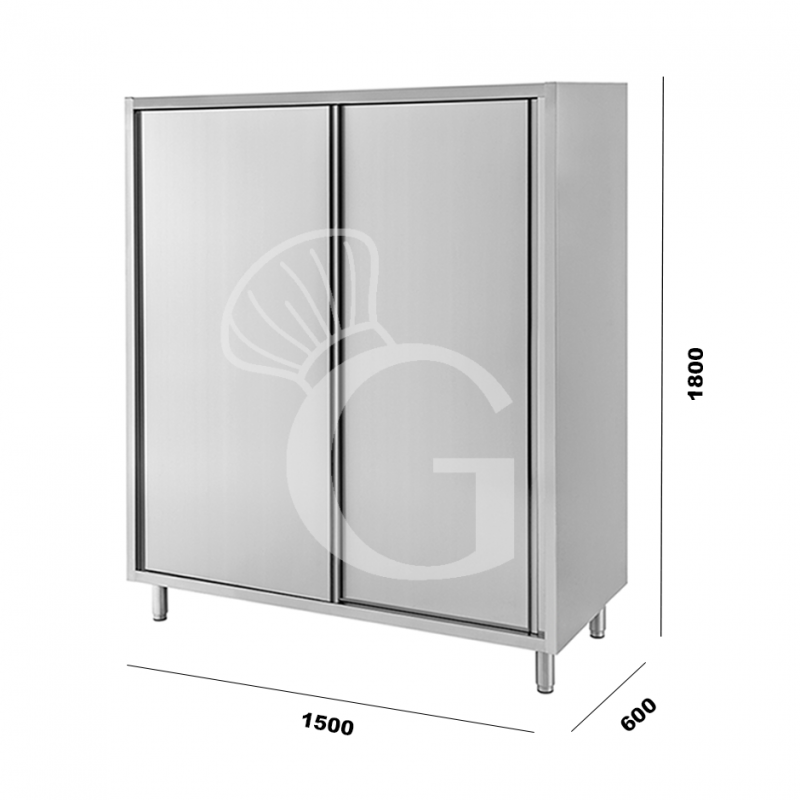 Edelstahl Hochschrank, 2 Schiebetüren, 3 Einlegeböden, B 1500 mm x T 600 mm x H 1800 mm