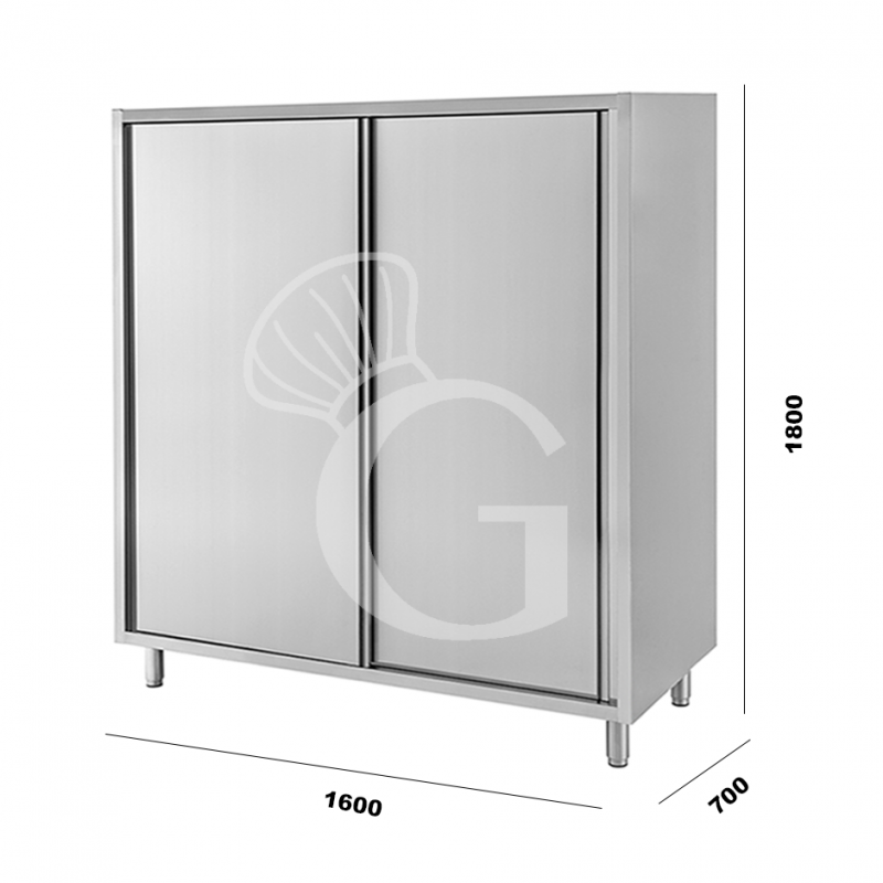 Edelstahl Hochschrank, 2 Schiebetüren, 3 Einlegeböden, B 1600 mm x T 700 mm x H 1800 mm