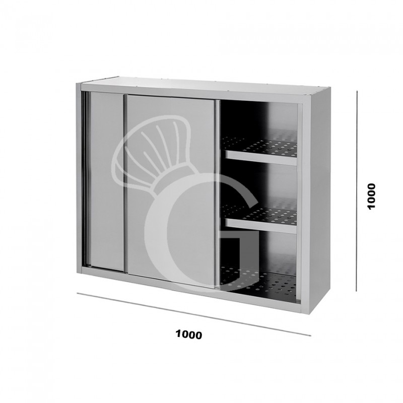Wandhängeschrank, Edelstahl, mit Abtropffläche, Schiebetüren, 2 gelöcherte Zwischenböden, B 1000 mm x T 400 mm x H 1000 mm