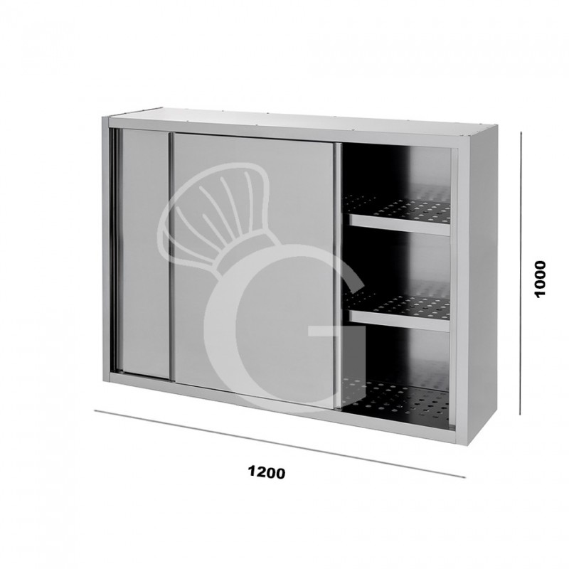 Wandhängeschrank, Edelstahl, mit Abtropffläche, Schiebetüren, 2 gelöcherte Zwischenböden, B 1200 mm x T 400 mm x H 1000 mm