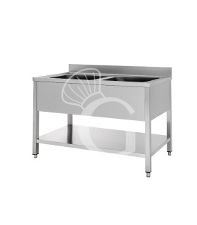 Spültisch, Edelstahl, 2 Becken, Grundboden, Aufkantung, B 1400 mm x T 600 mm x H 950 mm
