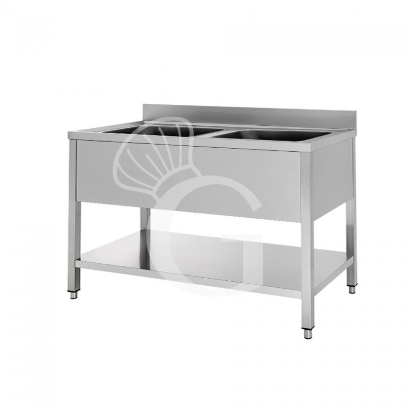 Spültisch, Edelstahl, 2 Becken, Grundboden, Aufkantung, B 1400 mm x T 600 mm x H 950 mm