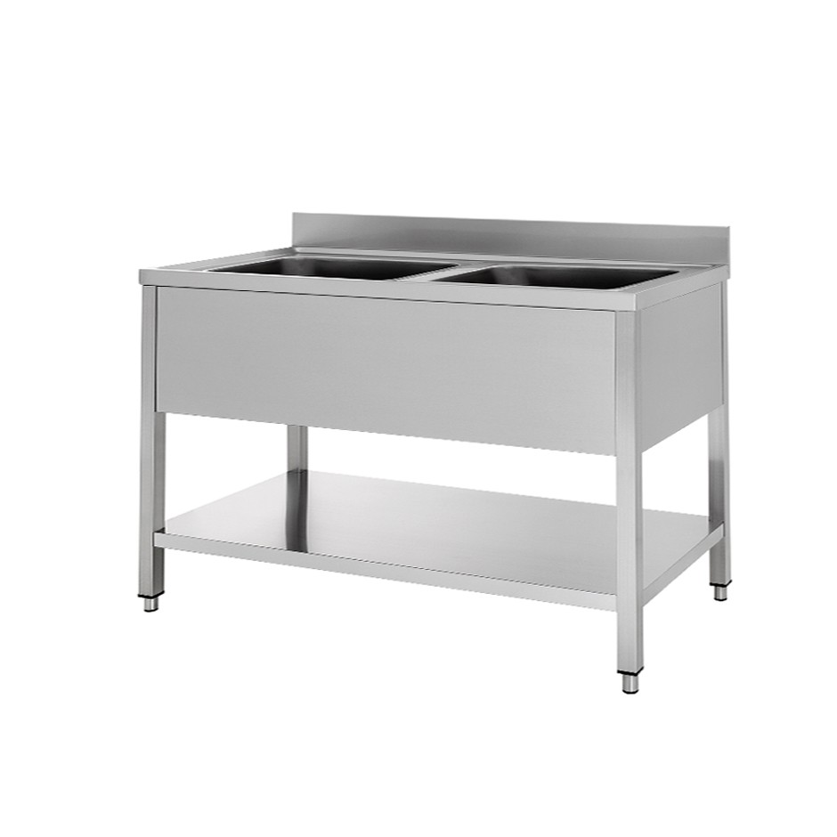Spültisch, Edelstahl, 2 Becken, Grundboden, Aufkantung, B 1400 mm x T 600 mm x H 950 mm