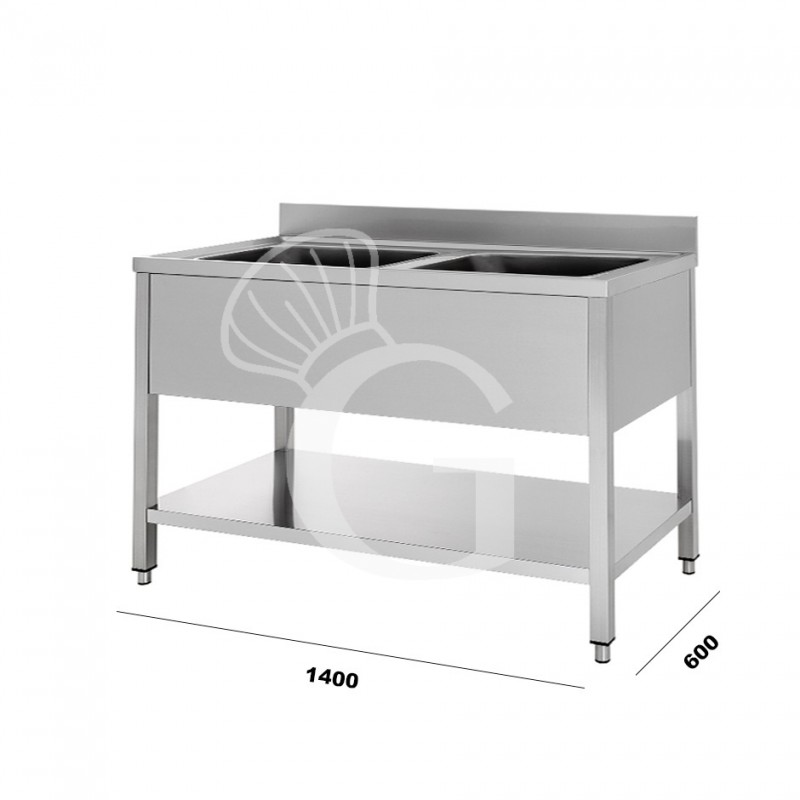 Spültisch, Edelstahl, 2 Becken, Grundboden, Aufkantung, B 1400 mm x T 600 mm x H 950 mm