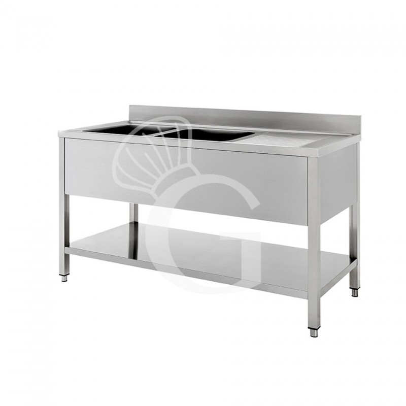 Spültisch, Edelstahl, 2 Becken, Abtropffläche rechts, Grundboden, Aufkantung, B 1700 mm x T 600 mm x H 950 mm