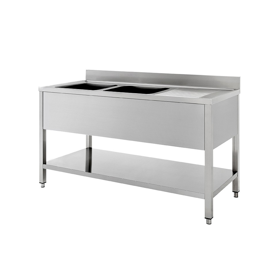 Spültisch, Edelstahl, 2 Becken, Abtropffläche rechts, Grundboden, Aufkantung, B 1700 mm x T 600 mm x H 950 mm
