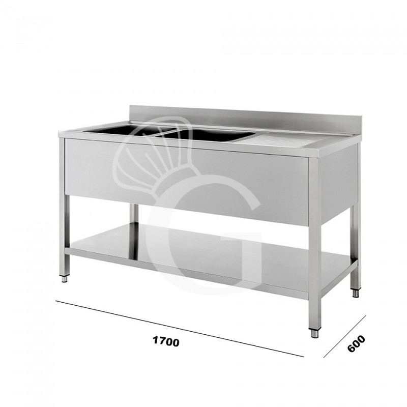 Spültisch, Edelstahl, 2 Becken, Abtropffläche rechts, Grundboden, Aufkantung, B 1700 mm x T 600 mm x H 950 mm