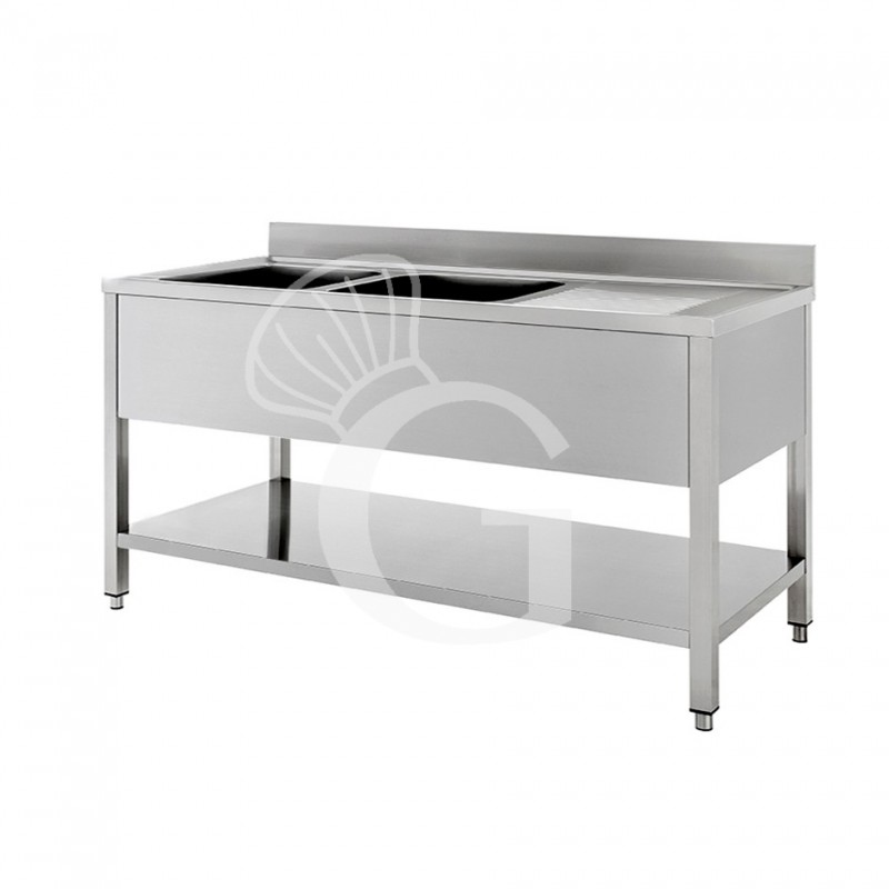 Spültisch, Edelstahl, 2 Becken, Abtropffläche rechts, Grundboden, Aufkantung, B 1800 mm x T 600 mm x H 950 mm