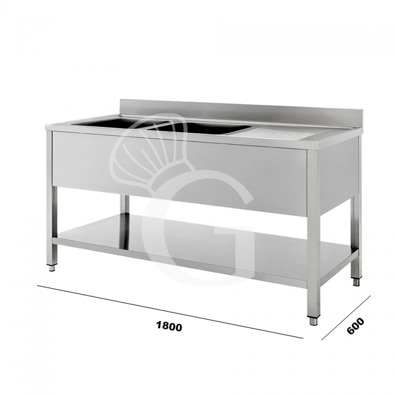 Spültisch, Edelstahl, 2 Becken, Abtropffläche rechts, Grundboden, Aufkantung, B 1800 mm x T 600 mm x H 950 mm