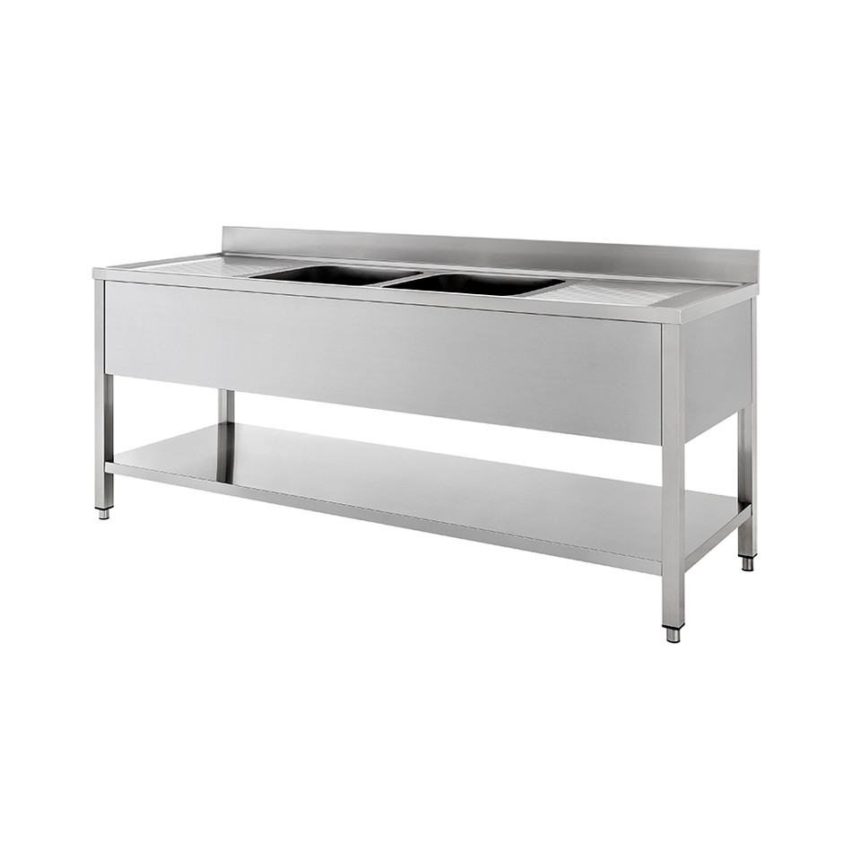 Edelstahl – Spültisch – Grundboden – Aufkantung – 2 Becken – 2 Ablagen – B 2200 mm x T 600 mm x H 950 mm