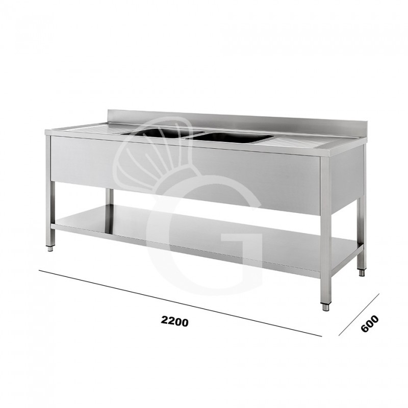 Edelstahl – Spültisch – Grundboden – Aufkantung – 2 Becken – 2 Ablagen – B 2200 mm x T 600 mm x H 950 mm