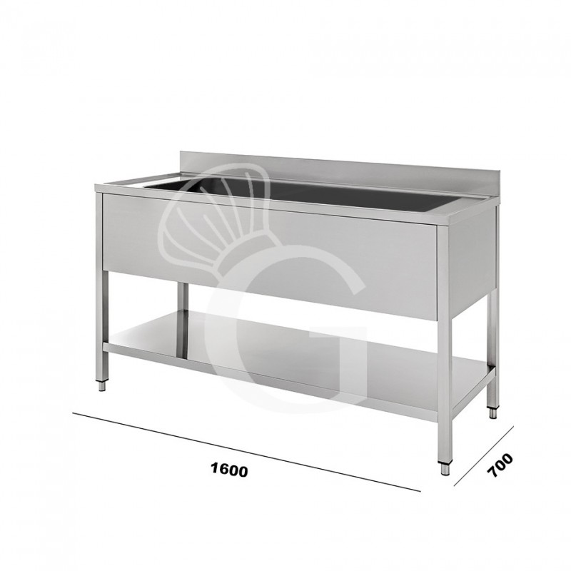 Topf - Spültisch, Edelstahl, 1 Becken, Grundboden, Aufkantung, B 1600 mm x T 700 mm x H 950 mm