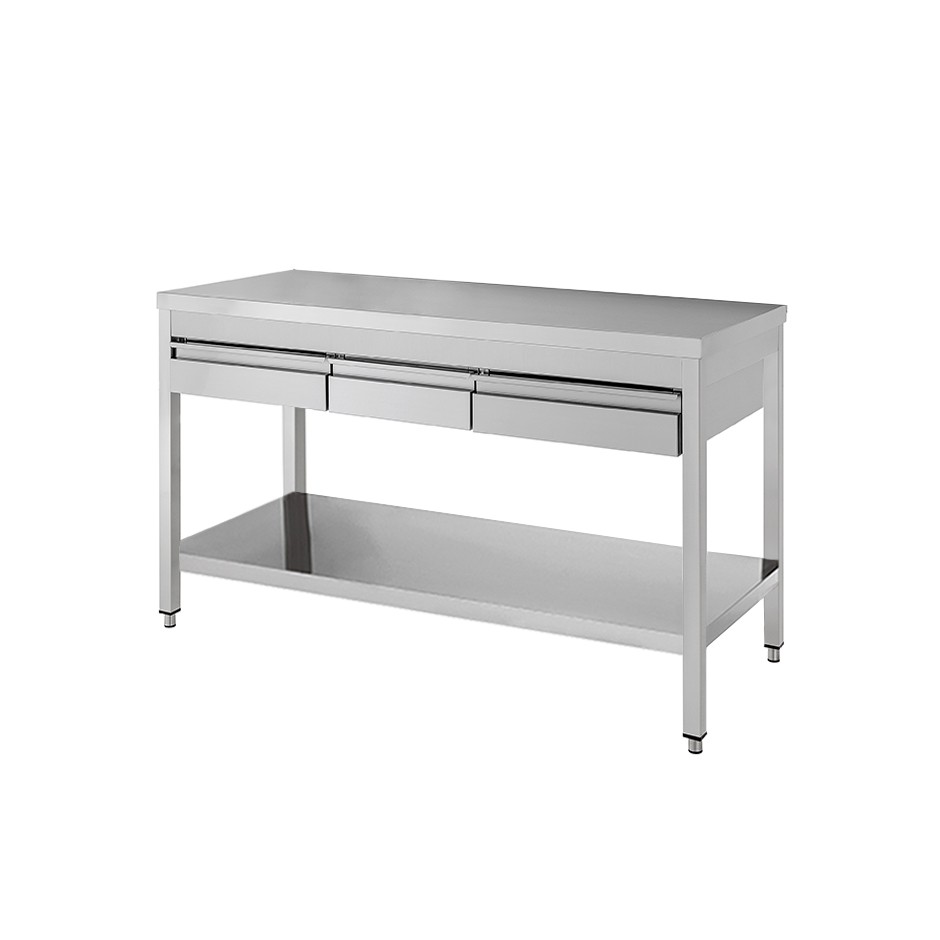 Edelstahltisch Grundboden 3 Schubladen B 1500 mm x T 600 mm x H 850 mm
