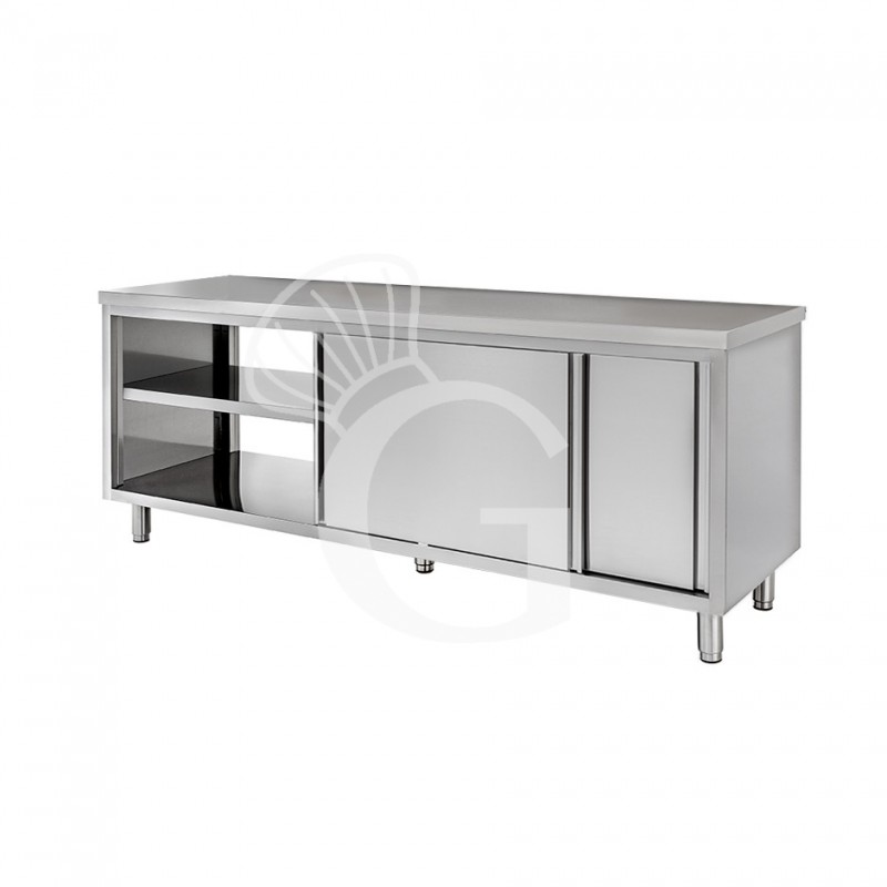 Durchreicheschranktisch aus Edelstahl mit Schiebetüren B 1700 mm x T 600 mm x H 850 mm Durchreicheschranktisch aus Edelstahl mit Schiebetüren B 1700 mm x T 600 mm x H 850 mm
