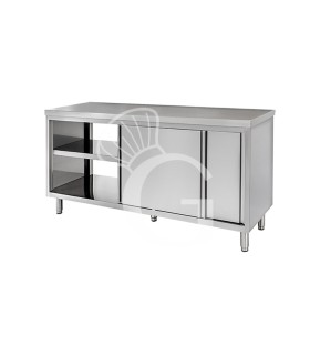 Durchreicheschranktisch aus Edelstahl mit Schiebetüren B 1500 mm x T 700 mm x H 850 mm