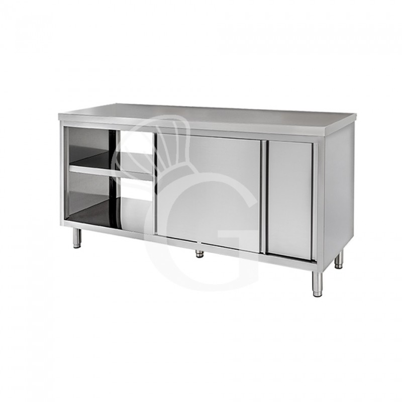 Durchreicheschranktisch aus Edelstahl mit Schiebetüren B 1500 mm x T 700 mm x H 850 mm Durchreicheschranktisch aus Edelstahl mit Schiebetüren B 1500 mm x T 700 mm x H 850 mm