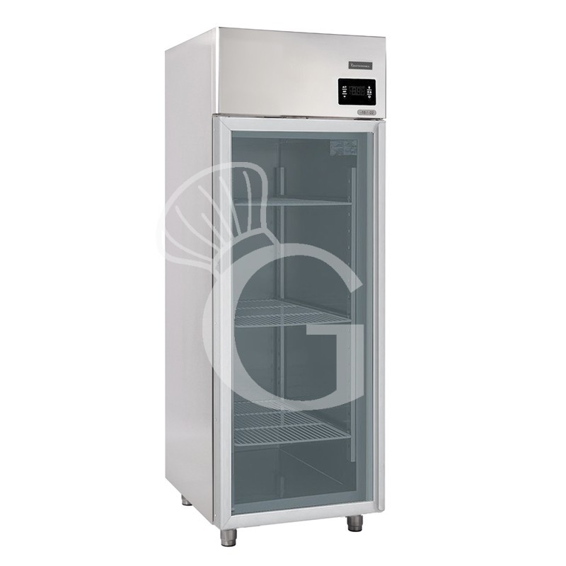 Kühlschrank (700 Liter), Edelstahl, Umluftkühlung, Glastür, Temperatur -2°C /+10°C