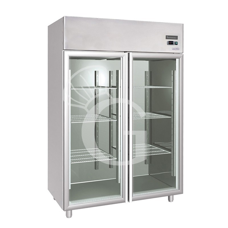 Kühlschrank (1200 Liter), Edelstahl, Umluftkühlung, 2 Glastüren, Temperatur 0°C /+10°C, Energieklasse D
