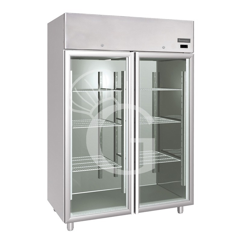 Kühlschrank (1200 Liter), Edelstahl, 2 Glastüren, Umluftkühlung, Temperatur -2°C /+10°C