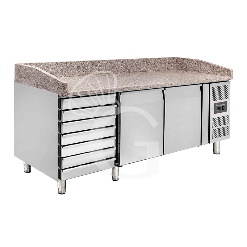 Pizzakühltisch, 2 Türen, 7 Schubladen, 390 Liter, Gitter 600 x 400 mm