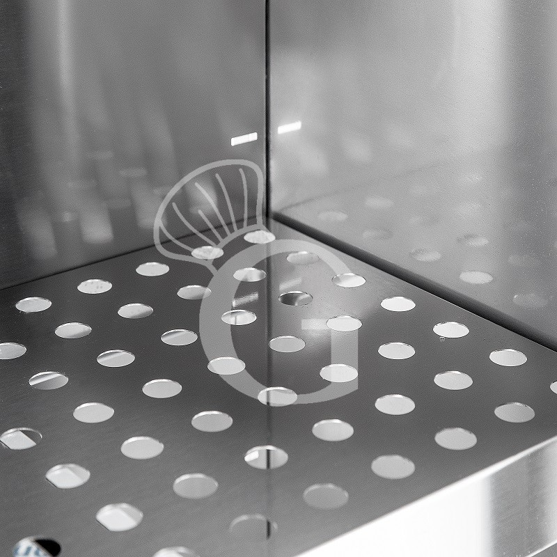 Wandhängeschrank, Edelstahl, mit Abtropffläche, Schiebetüren, 1 gelochter Zwischenboden, B 1100 mm x T 400 mm x H 800 mm