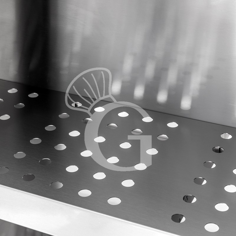 Wandhängeschrank, Edelstahl, mit Abtropffläche, Schiebetüren, 1 gelochter Zwischenboden, B 1100 mm x T 400 mm x H 800 mm