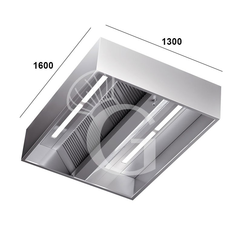 Kastenhaube ohne Motor (Wandausführung), mit Deckenlampe und Neon-Beleuchtung, B 1600 mm x T 1300 x H 450 mm