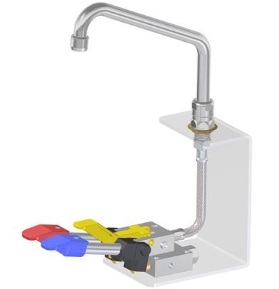 Armatur mit Fußpedal, sechskantige Basis, mit Entrieglungshebel, Kalt- und Warmwasser, 200 x 150 mm