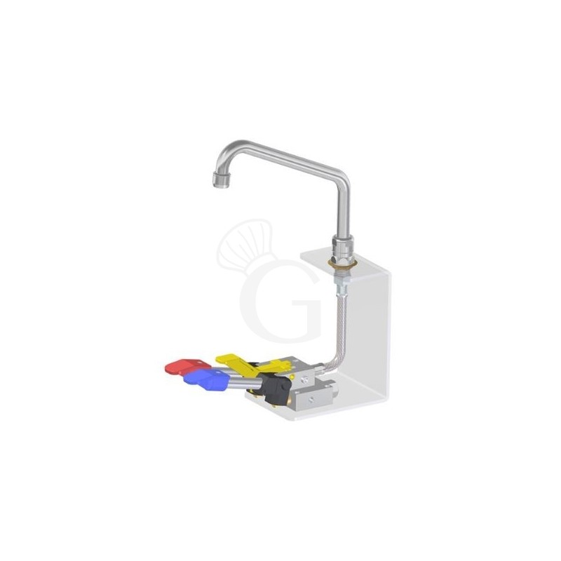 Armatur mit Fußpedal, sechskantige Basis, mit Entrieglungshebel, Kalt- und Warmwasser, 300 x 190 mm