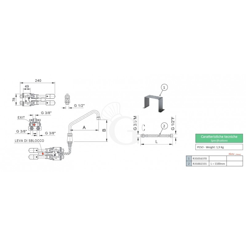 Armatur mit Fußpedal, sechskantige Basis, mit Entrieglungshebel, Kalt- und Warmwasser, 300 x 190 mm