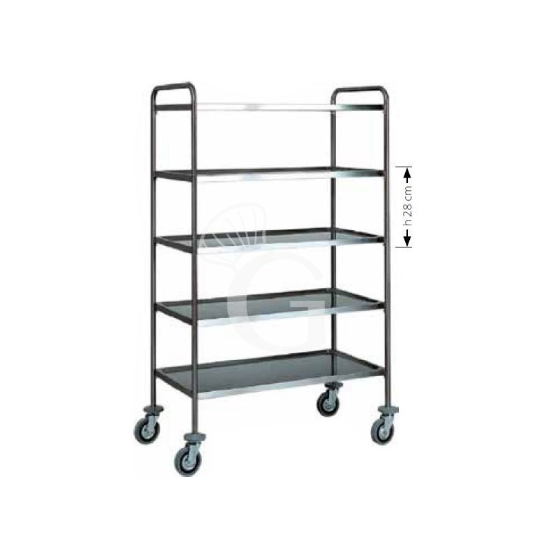 Servierwagen – Edelstahl – 5 Ablagen – Rohrgestell – B 900 mm x T 600 mm x H 1700 mm