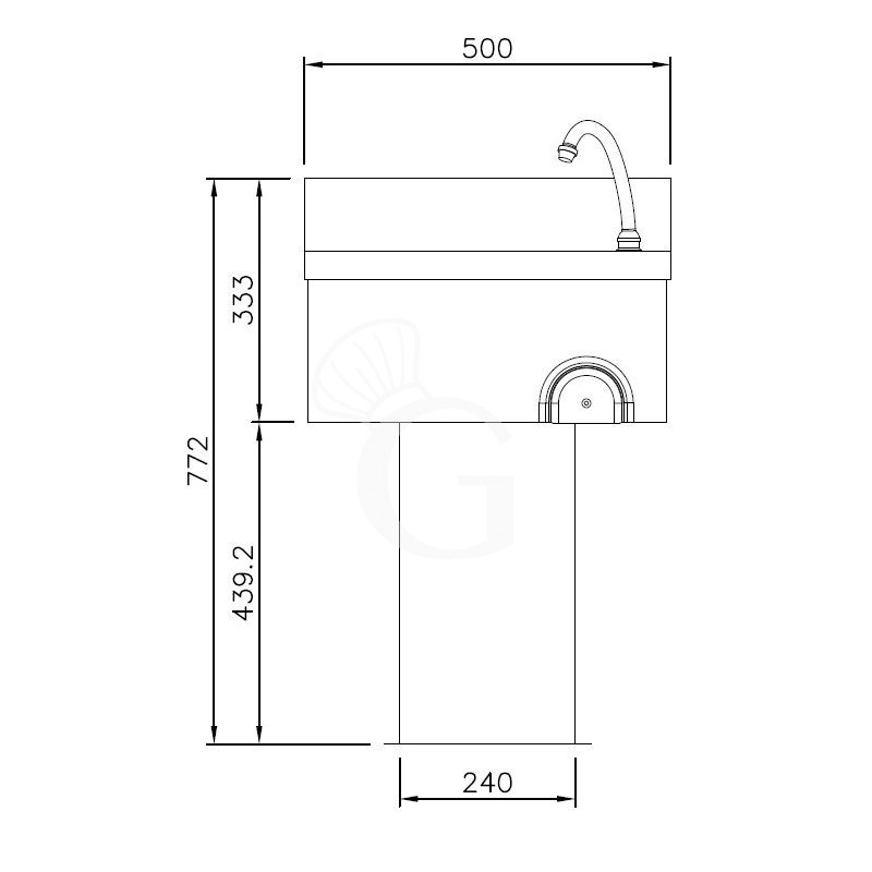Handwaschbecken auf Säule, Edelstahl, Kniebedienung, mit Wasserhahn und Abfluss