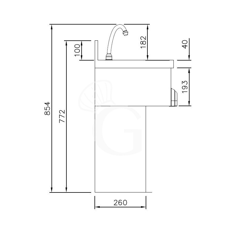 Handwaschbecken auf Säule, Edelstahl, Kniebedienung, mit Wasserhahn und Abfluss