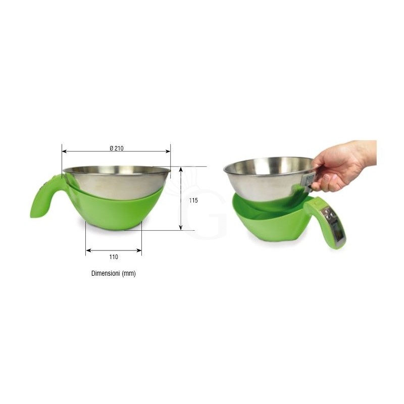 Küchenwaage, Tragkraft: 5 kg, Wiegeschüssel aus Edelstahl Ø 210 mm, B 110 x H 115 mm