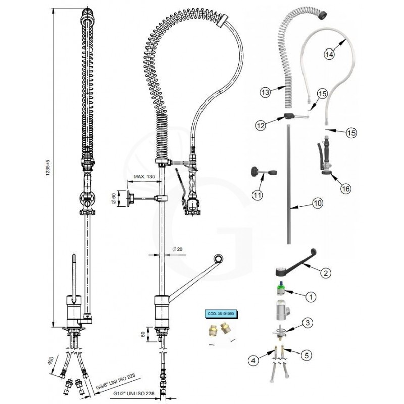 Handbrause, Mischbatterie, Einhebelmischer, H 1200 mm