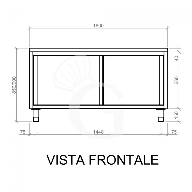 Schranktisch aus Edelstahl 2 Schiebetüren B 1600 mm x T 600 mm x H 850 mm